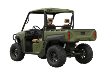 Isolated utility task vehicle, light military vehicle in green color, on no background