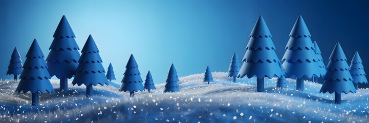 Elegant blue Christmas trees in a snowy winter wonderland, festive holiday background with modern style, serene mood, perfect for seasonal designs, cool color palette, copy space.