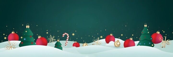 Festive Christmas background, elegant winter scene, modern holiday banner, snowy landscape with decorated trees, red and gold ornaments, candy cane, sparkling stars, copy space, joyful seasonal des
