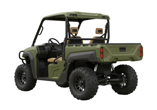 Isolated utility task vehicle, light military vehicle in green color, on no background