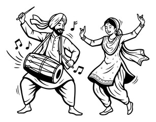 Bhangra Punjabi Dance Couple With Dhol Drum Line Art Vector Indian Folk Celebration Illustration