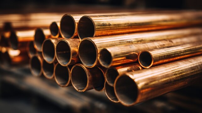 Stacked Copper Pipes Gleaming in Warm Light Close Up Industrial Metal Material Plumbing Construction Supply