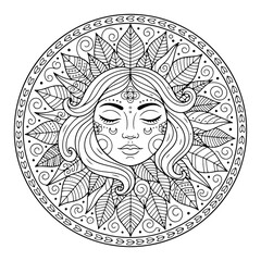 Sun goddess face in mandala style Detailed line art vector illustration for coloring book and spiritual design
