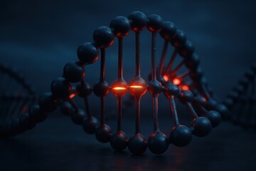 Dark DNA strand with glowing sections, shallow depth of field, moody atmosphere