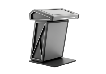 An ultra-modern avant-garde podium of charcoal brushed aluminum & matte composite panels, with an interactive display, against a transparent studio background with copy space. Concept of future