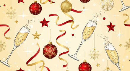 Festive seamless pattern for Christmas and New Year with champagne, red baubles, and golden snowflakes