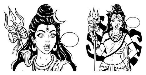 Hindu Goddess With Trident Comic Style Portrait Line Art Vector Durga Parvati Mythology Illustration