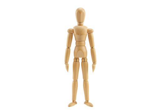 Isolated wooden anatomical mannequin standing, perfect for drawing reference and sketching