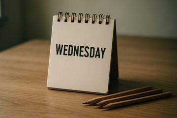 Desk calendar displays "WEDNESDAY" with pencils on a wooden surface