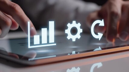 Business process automation and workflow optimization with digital analytics dashboard. Performance monitoring icons, data statistics chart, gear settings, refresh cycle, and efficiency metrics - Powered by Adobe