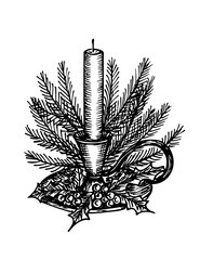 Sketch illustration of festive candle in a candlestick with spruce branches, holly flower and berries. Festive Christmas composition. Vector line art drawing, isolated