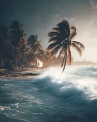 Dramatic ocean wave crashing on tropical beach with palm trees and moody sky, scenic landscape photography, coastal storm