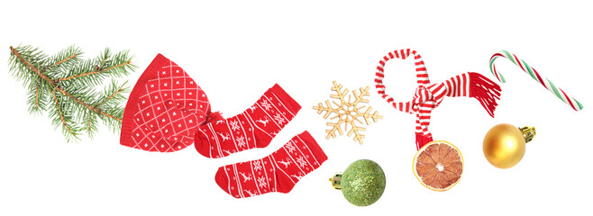 festive christmas assortment displaying cozy winter hat, seasonal socks, decorative snowflake and...