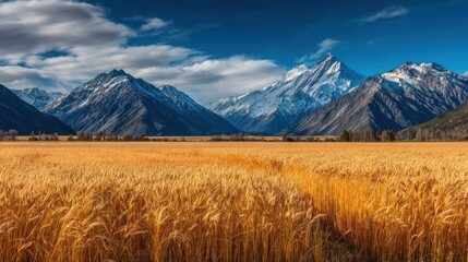 Golden wheat field with snow capped mountains landscape scenic view in New Zealand Canterbury region Mount Cook aerial perspective