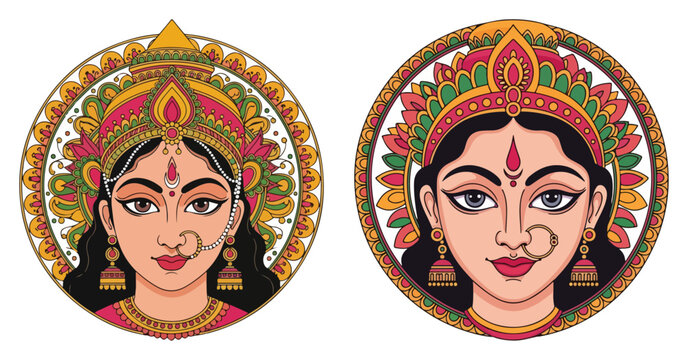 Durga Goddess Face Medallion Round Mandala Badge Vector Indian Decorative Illustration