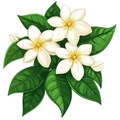Naklejka premium White blossoms & green leaves, beautiful botanical art