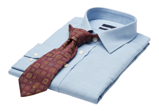 Isolated folded light blue dress shirt with patterned tie, a traditional business attire