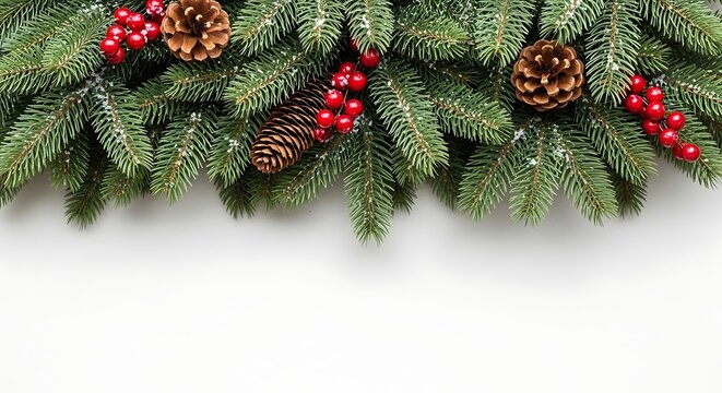 Festive christmas garland with pine cones and red berries draped across a white background perfect for holiday decorations and seasonal greetings