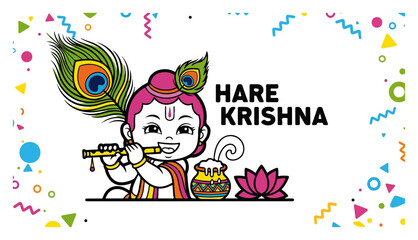 Fototapeta premium Hare Krishna Baby With Flute Peacock Feather And Butter Pot Color Cartoon Vector Memphis Style