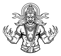 Fierce Hiranyakashipu Asura demon from Hindu mythology Line art vector for coloring or tattoo
