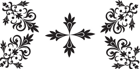 Black and White Vintage Floral Calligraphy Corner Ornament Set