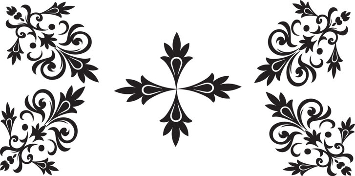 Black and White Vintage Floral Calligraphy Corner Ornament Set