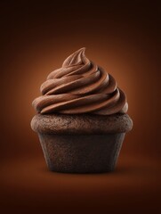 Delicious Chocolate Cupcake with Swirled Frosting on Brown Background Studio Shot Sweet Treat Dessert