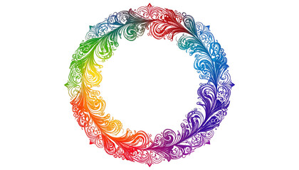 A vibrant ring of stylized feathers, colored in a rainbow spectrum, against a dark, opaque background