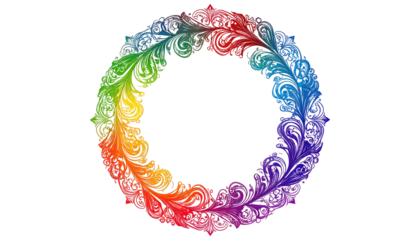 A vibrant ring of stylized feathers, colored in a rainbow spectrum, against a dark, opaque background