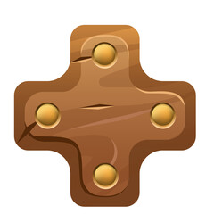 Cartoon Wooden Game Interface Button With Golden Studs And Cracked Texture Isolated On White Background