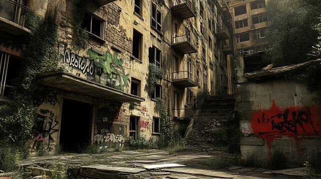 A crumbling, neglected housing block with graffiti-covered walls and broken windows