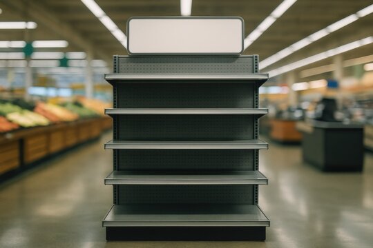 Empty store display shelves with blank sign in grocery aisle