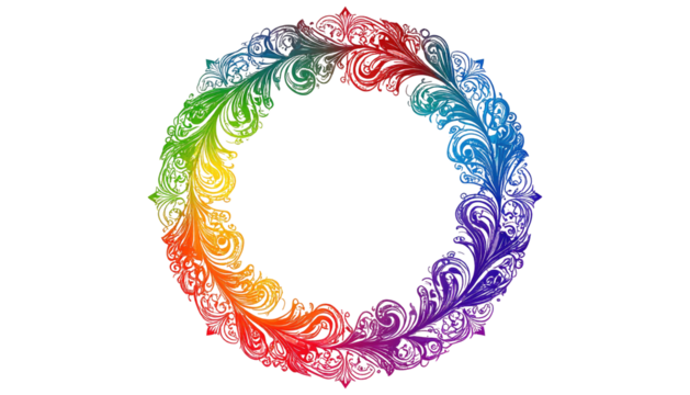 A vibrant ring of stylized feathers, colored in a rainbow spectrum, against a dark, opaque background