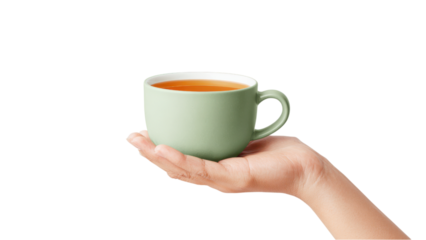 Hand Holding Light Green Cup of Tea on White Background