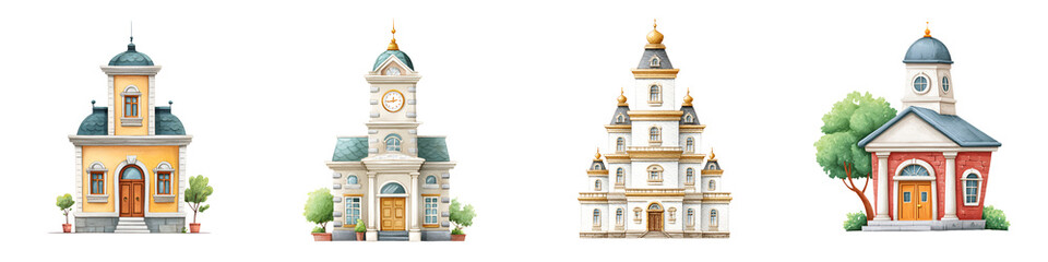 Fototapeta premium Watercolor Collection of Various Church Buildings Isolated on White