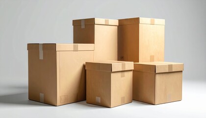 Stack of brown cardboard shipping boxes on a white background
