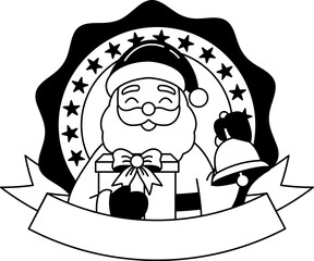black and white logotype of a Santa Claus holding a gift and a bell