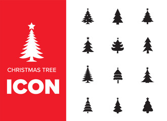 Isolated Christmas tree icon with a star. Christmas tree icon collection - vector illustration. Pine Silouette icon set. Fir tree vector set. Various Christmas tree silhouettes.