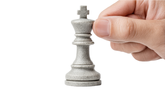 Hand Placing Chess King Piece on White Background