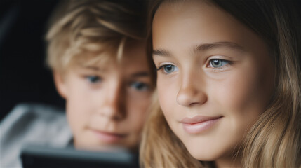 Close-up of two children looking at tablet screen with gentle light, concept of learning, connection and digital childhood.