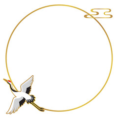 縁起の良い鶴と金色の円形フレーム／正月や結婚式に使える和風の飾り枠ベクターイラスト