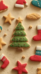 Festive Christmas cookies shaped as trees stars stockings and Santa hats on a beige surface
