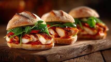 Close up of three grilled chicken sandwiches with arugula and tomato on a rustic wooden board gourmet food photography