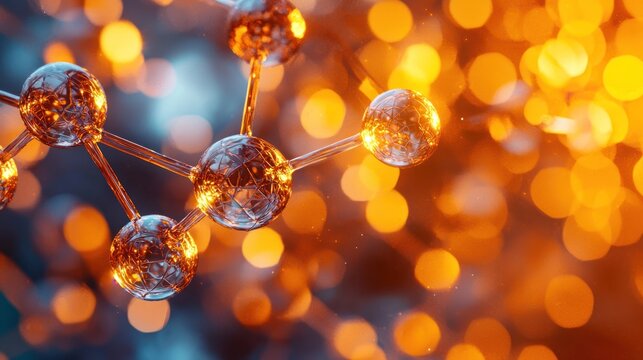 Glass atom model with bright orange bokeh, crystalline spheres