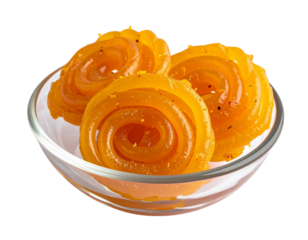 Three Jalebis with Overlapping Spirals, Slight Tilted Perspective, Isolated on Transparent Background