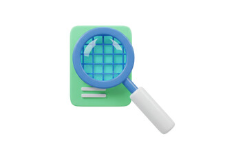 Isolated document search, magnifying glass, cartoon design 3D render, paper inspection, audit