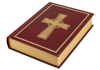 Isolated antique book with a cross on the cover, a vintage religious leather bound text