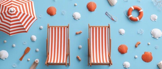Summer Beach Scene Flat Lay with Deck Chairs and Umbrella on Light Blue Background Aerial View