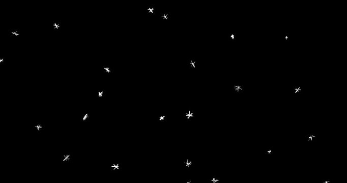 Hand drawn Falling Snowflakes Loop Animation. Whimsical doodle style snowfall with crayon texture on transparent Alpha Channel. Perfect for winter, Christmas, festive holiday projects.