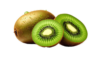 Close-up of two sliced kiwis with one whole kiwi, all with green flesh and black seeds, against a black background